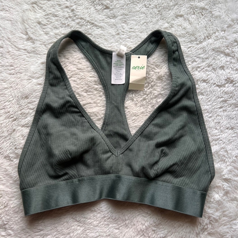Aerie Real Good Ribbed Racerback Bralette Green V-Neck 069-2884-3447 US S NWT